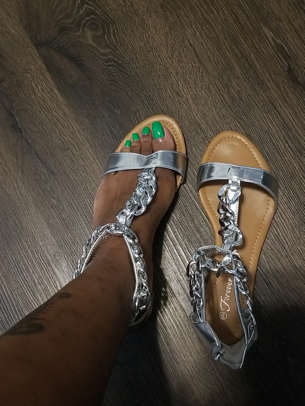 Forever 21 Silver Chain T-Strap Sandals with Tan Footbed